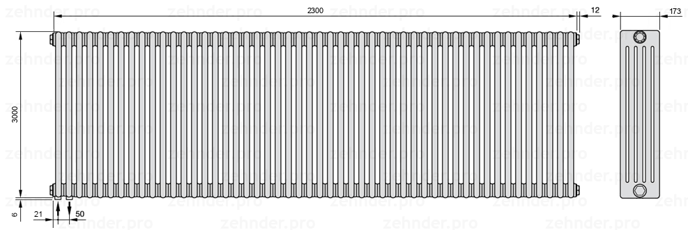 Схема (чертеж) Радиатор Zehnder Charleston 5300/50 №3370 Белый глянцевый RAL 9016